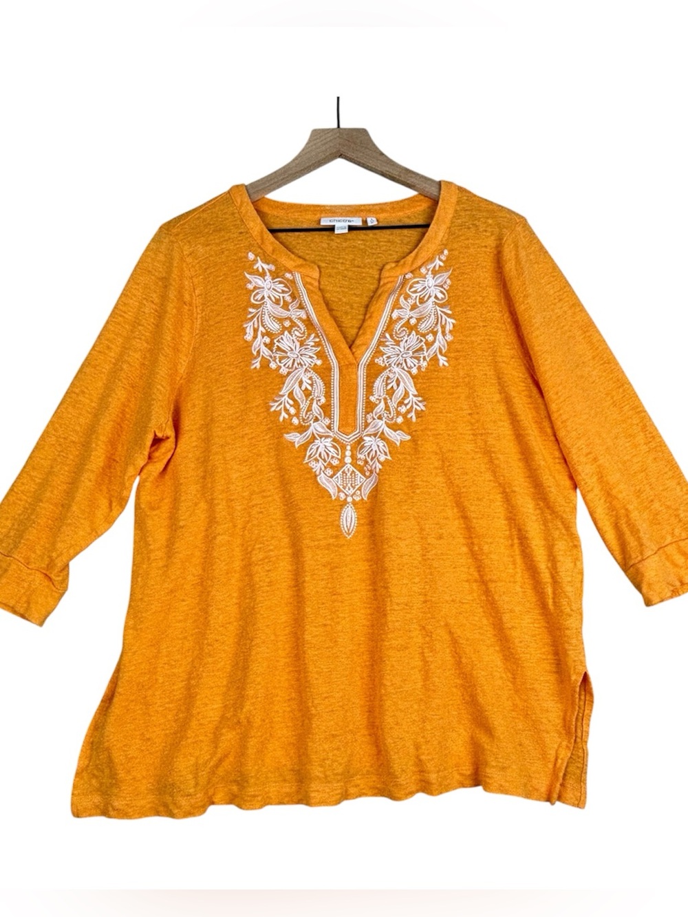 Chico’s Linen Tunic Womens 3 (XL) Orange Embroidered Sequins V-Neck